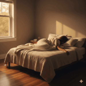 A woman hides under covers in a sunlit bedroom, conveying emotional numbness through golden hour light and soft shadows.