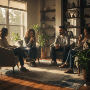 A quiet group therapy session in a sunlit, cozy room. Four people sit in armchairs during golden hour, creating a peaceful and contemplative atmosphere for an Intensive Outpatient Program (IOP).