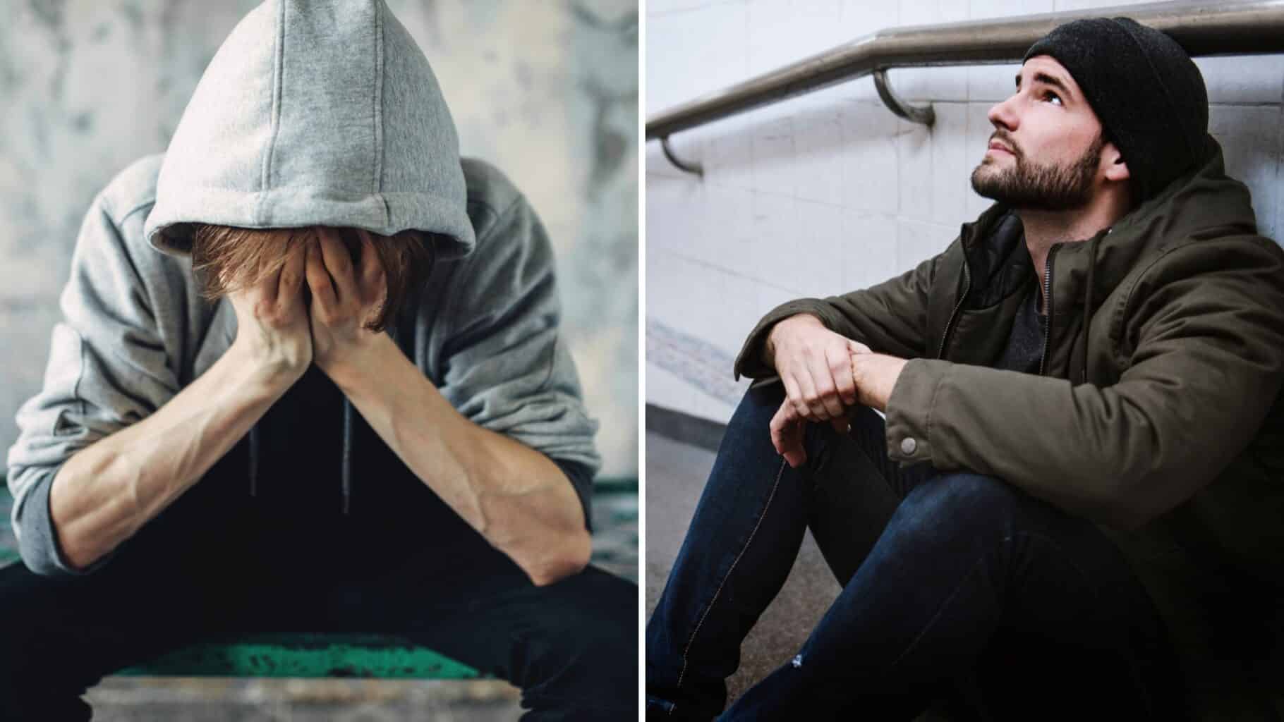 A split image of two men looking sad wondering what are the 5 stages of addiction.