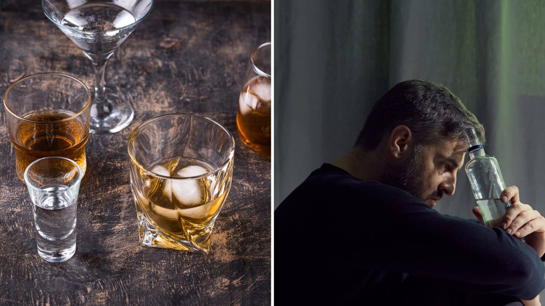 A split image of glasses of alcohol and a man holding a bottle of alcohol wondering how to wean off alcohol.