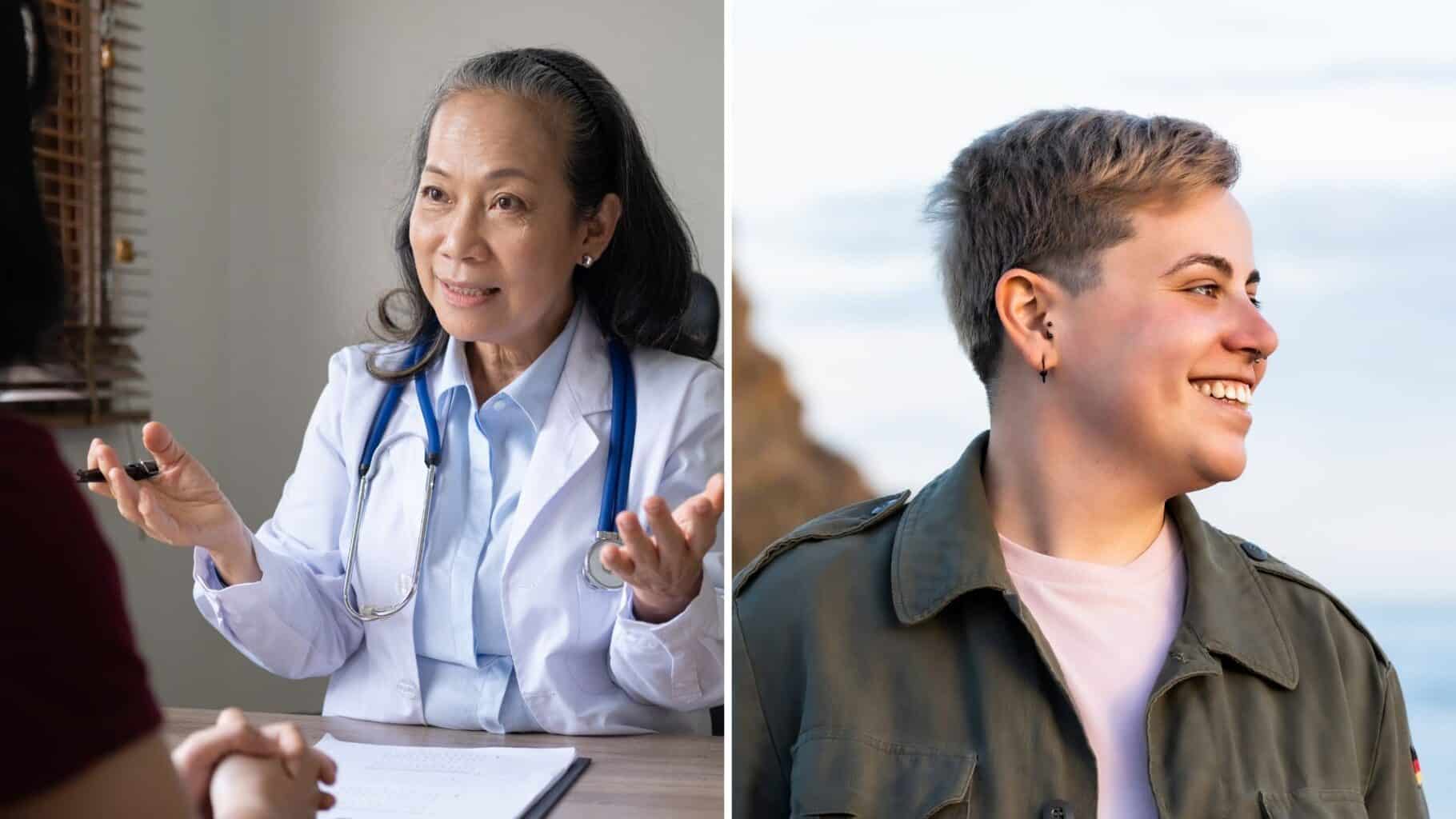 A split image of a doctor speaking to a patient about how much does drug rehab cost and a woman smiling at a beach.