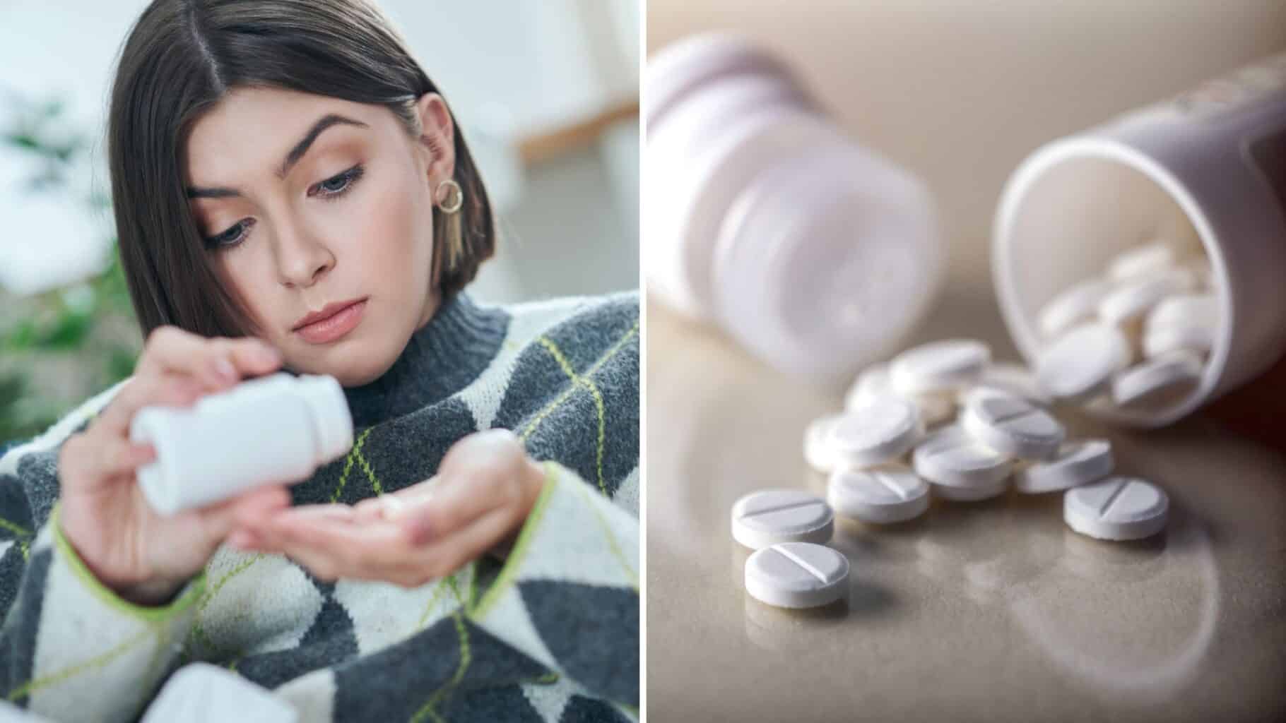 A split image of a woman pouring pills into her hand a a bottle of pills spilled on a table for the topic is ativan addictive.